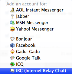 Image of Adium account types with IRC selected